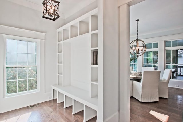 mudroom with dark hardwood / wood-style flooring, plenty of natural light, and a chandelier