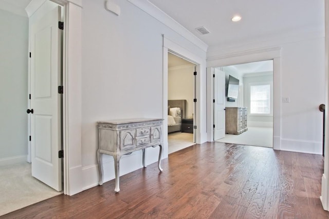 hallway featuring carpet and ornamental molding