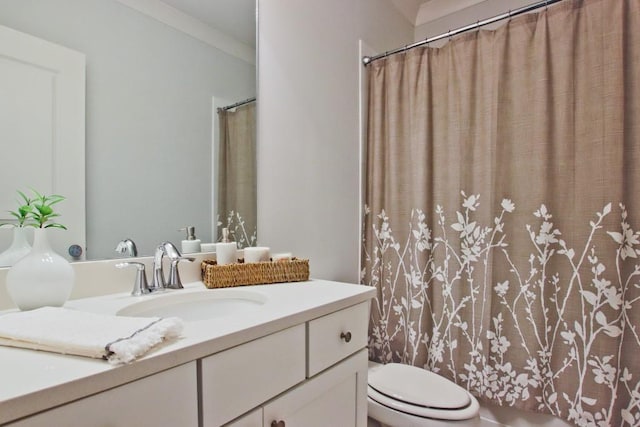 bathroom with toilet, ornamental molding, and large vanity