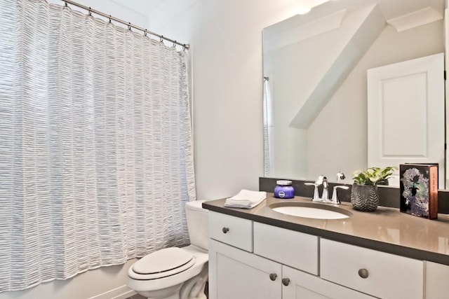 full bathroom with shower / bathtub combination with curtain, toilet, and vanity