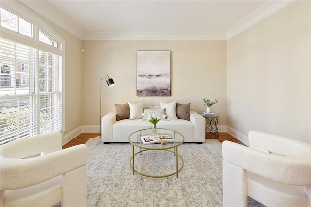 living room with baseboards, wood finished floors, and crown molding