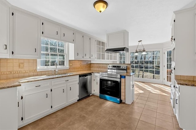 kitchen featuring a sink, backsplash, ventilation hood, appliances with stainless steel finishes, and white cabinets