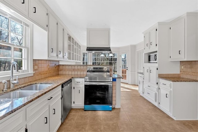 kitchen featuring white cabinetry, decorative backsplash, appliances with stainless steel finishes, and a sink