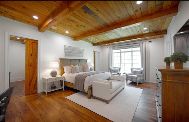 bedroom with beamed ceiling, wooden ceiling, recessed lighting, wood finished floors, and baseboards