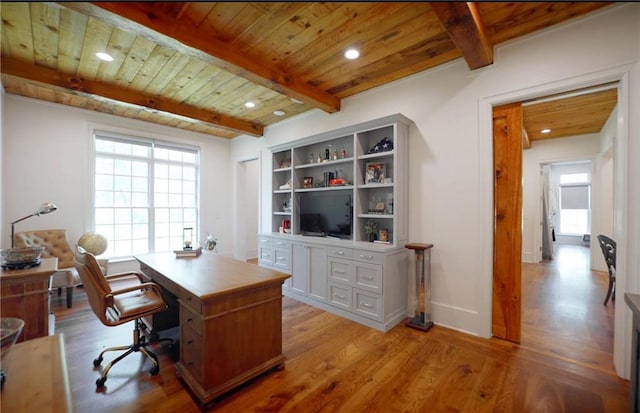 office area featuring healthy amount of natural light, beam ceiling, light wood-style floors, wood ceiling, and recessed lighting