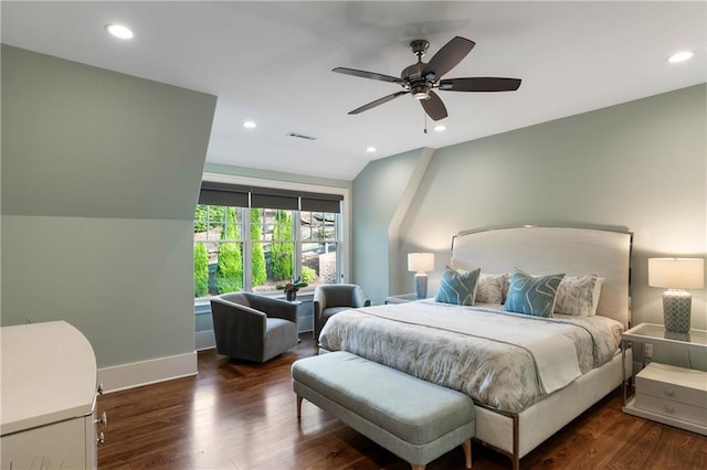 bedroom with recessed lighting, lofted ceiling, wood finished floors, baseboards, and ceiling fan