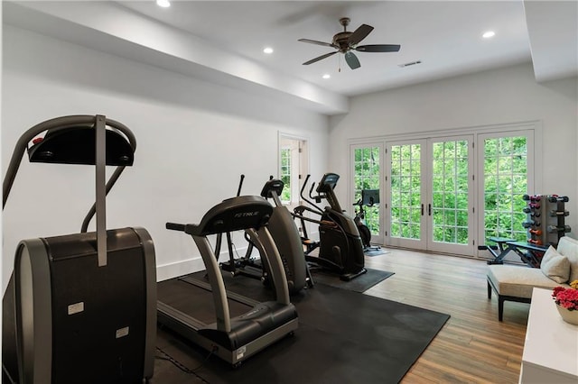 exercise area with a ceiling fan, wood finished floors, recessed lighting, and french doors
