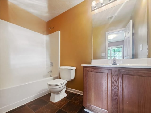 full bathroom with shower / bathing tub combination, vanity, and toilet