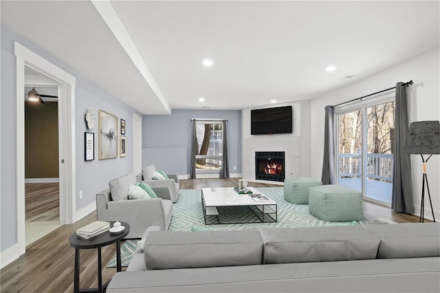 living room with wood-type flooring and a healthy amount of sunlight