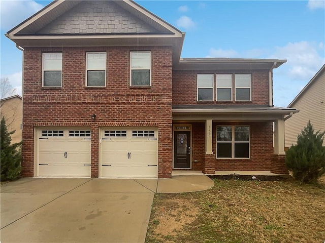 view of front of property featuring a garage, brick siding, driveway, and a porch