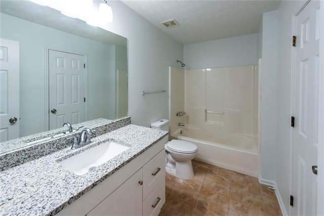 full bathroom with toilet, tub / shower combination, and vanity