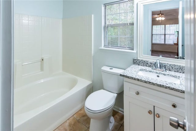 full bathroom with toilet, tile patterned flooring, shower / bath combination, ceiling fan, and vanity