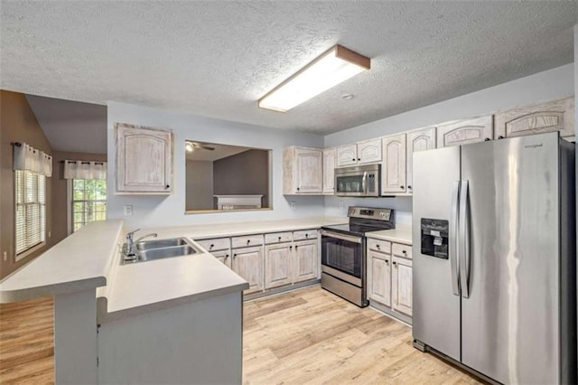 5375 Mountain View Pkwy, Lula, GA 30554 - kitchen featuring appliances with stainless steel finishes, light wood-style flooring, a peninsula, light countertops, and a textured ceiling