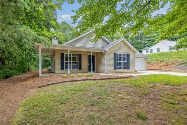 5375 Mountain View Pkwy, Lula, GA 30554 - single story home with a chimney, a porch, a garage, driveway, and a front lawn