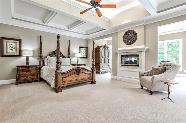 bedroom featuring crown molding, light carpet, a tile fireplace, beamed ceiling, and coffered ceiling