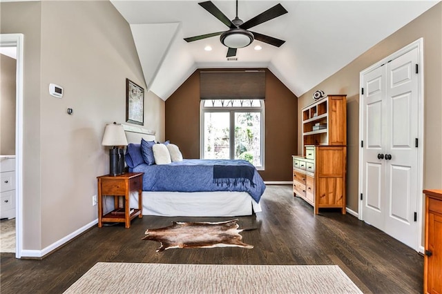 bedroom featuring recessed lighting, baseboards, dark wood finished floors, and lofted ceiling