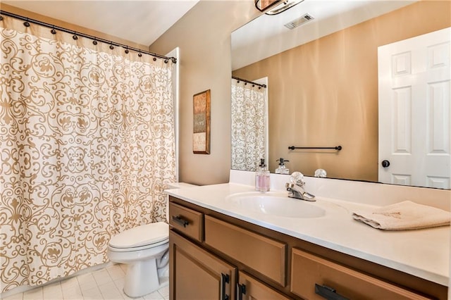bathroom with visible vents, tile patterned flooring, toilet, and vanity