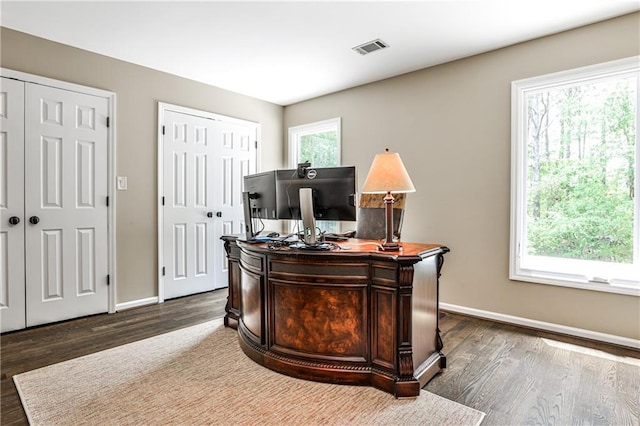 office with baseboards, dark wood-style flooring, and visible vents
