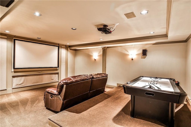 cinema featuring ornamental molding, carpet, and recessed lighting
