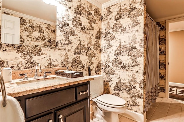 full bath featuring crown molding, vanity, toilet, tile patterned floors, and baseboards
