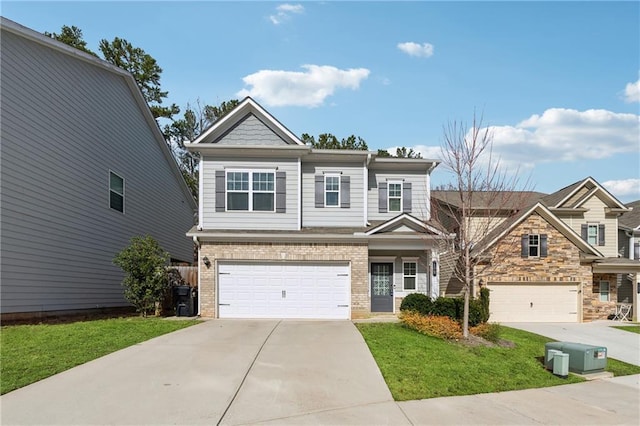 view of front of house with driveway, an attached garage, a front lawn, and brick siding