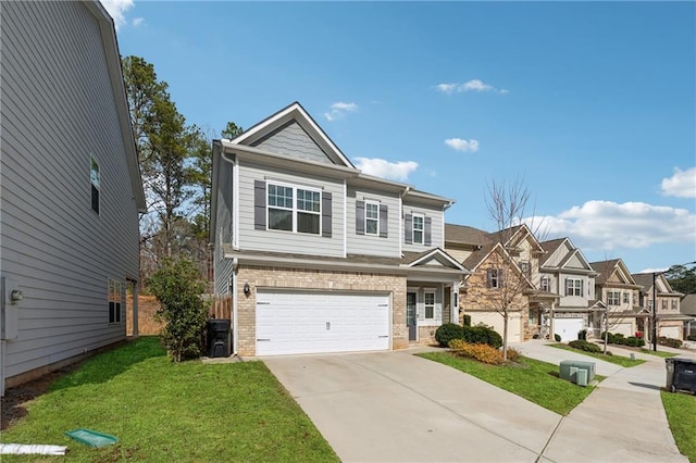 view of front facade featuring a garage, brick siding, concrete driveway, a residential view, and a front lawn