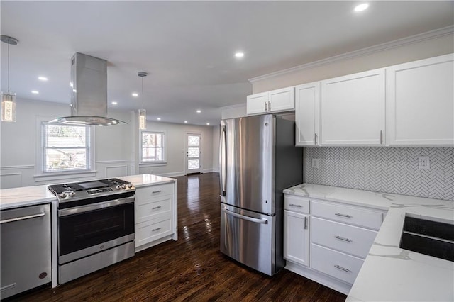 kitchen with backsplash, light stone countertops, stainless steel appliances, and island range hood