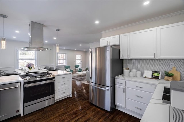 kitchen featuring island exhaust hood, tasteful backsplash, appliances with stainless steel finishes, and white cabinets