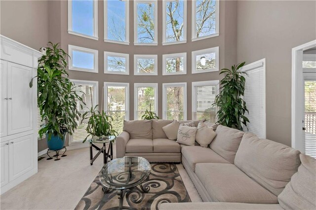 5810 Old Mill Trce, Lithonia, GA 30038 - living room featuring light colored carpet, healthy amount of natural light, and a high ceiling