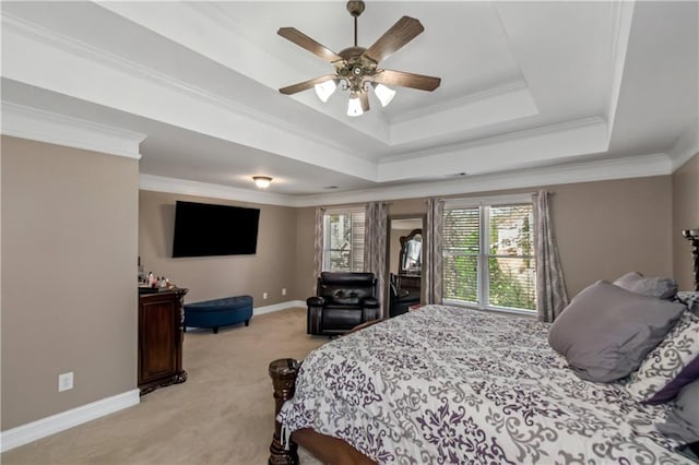 5810 Old Mill Trce, Lithonia, GA 30038 - bedroom featuring light colored carpet, a raised ceiling, baseboards, ornamental molding, and ceiling fan