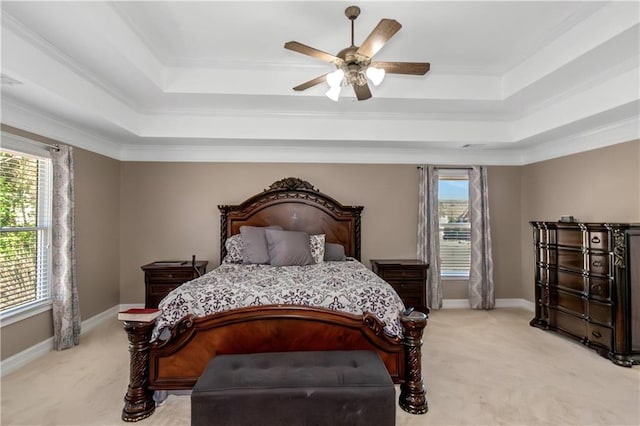 5810 Old Mill Trce, Lithonia, GA 30038 - bedroom with a raised ceiling, light colored carpet, ornamental molding, a ceiling fan, and baseboards