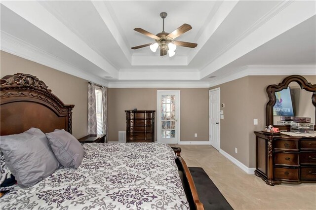 5810 Old Mill Trce, Lithonia, GA 30038 - bedroom featuring a raised ceiling, light carpet, baseboards, ceiling fan, and crown molding