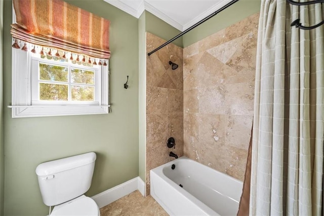 bathroom featuring crown molding, toilet, and shower / bathtub combination with curtain