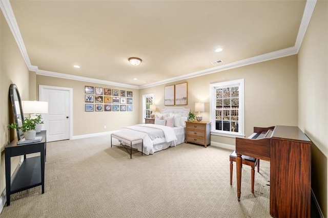 bedroom with crown molding and light colored carpet