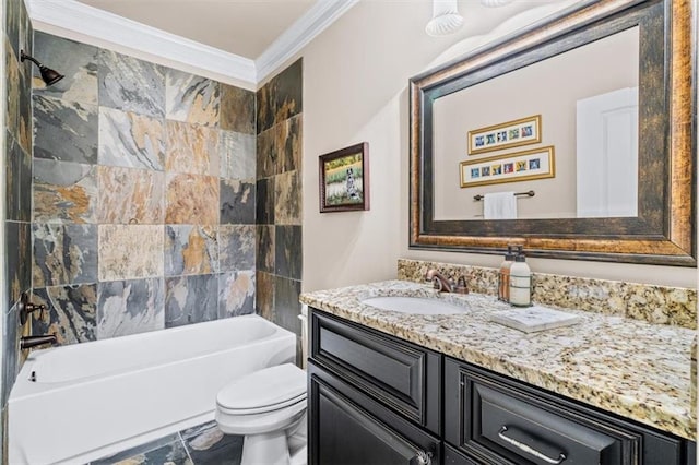 full bathroom featuring shower / tub combination, toilet, vanity, and crown molding