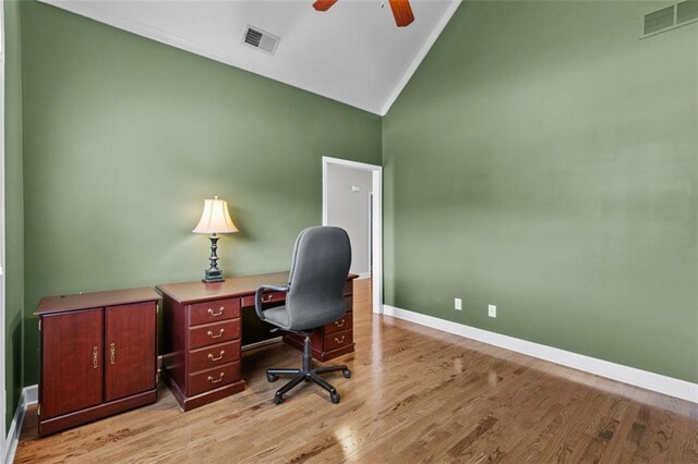 9507 Greens Mill Ct, Loganville, GA 30052 - office area featuring ceiling fan, light wood-type flooring, baseboards, ornamental molding, and high vaulted ceiling