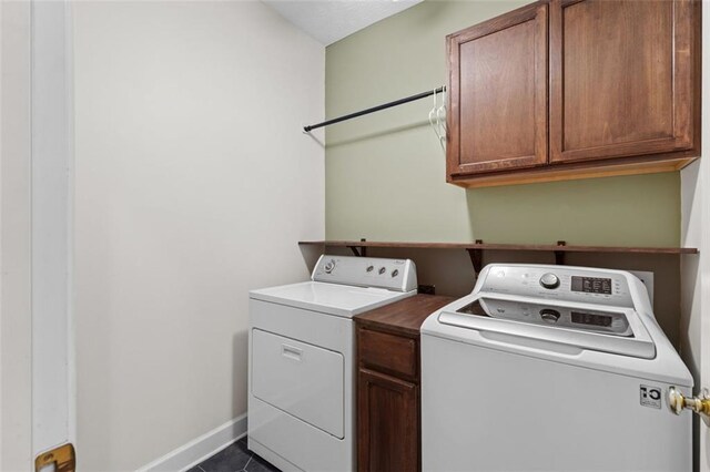 9507 Greens Mill Ct, Loganville, GA 30052 - laundry area featuring cabinet space, independent washer and dryer, baseboards, and dark tile patterned floors
