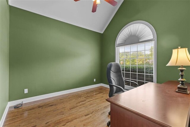 9507 Greens Mill Ct, Loganville, GA 30052 - office with vaulted ceiling, ceiling fan, wood finished floors, baseboards, and ornamental molding