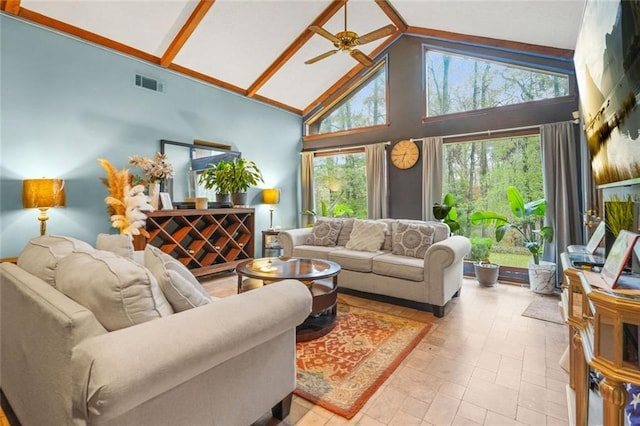 living room with ceiling fan and high vaulted ceiling