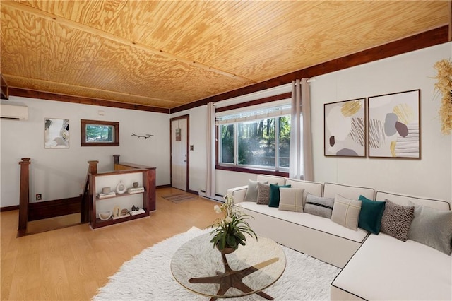 living room featuring light hardwood / wood-style floors, wood ceiling, baseboard heating, and a wall unit AC