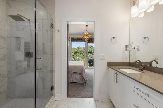 307 Cedar Dust Dr, Decatur, GA 30030 - full bath featuring baseboards, marble finish flooring, a stall shower, vanity, and ensuite bathroom