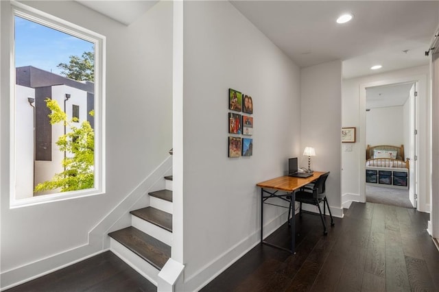 307 Cedar Dust Dr, Decatur, GA 30030 - corridor with recessed lighting, dark wood-type flooring, baseboards, stairway, and an office area