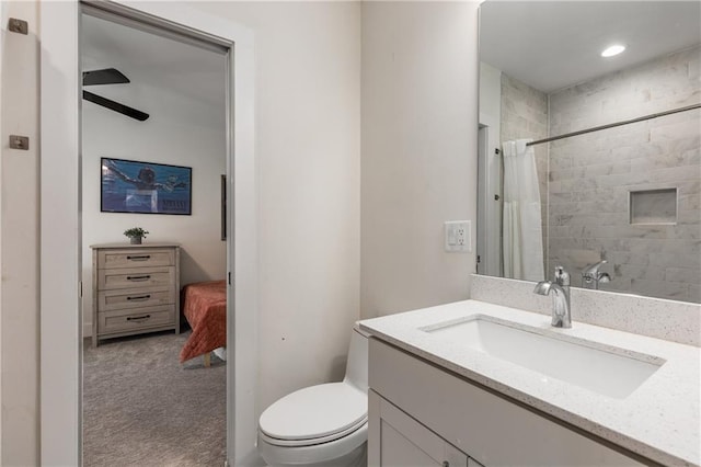 307 Cedar Dust Dr, Decatur, GA 30030 - bathroom with toilet, vanity, curtained shower, and recessed lighting