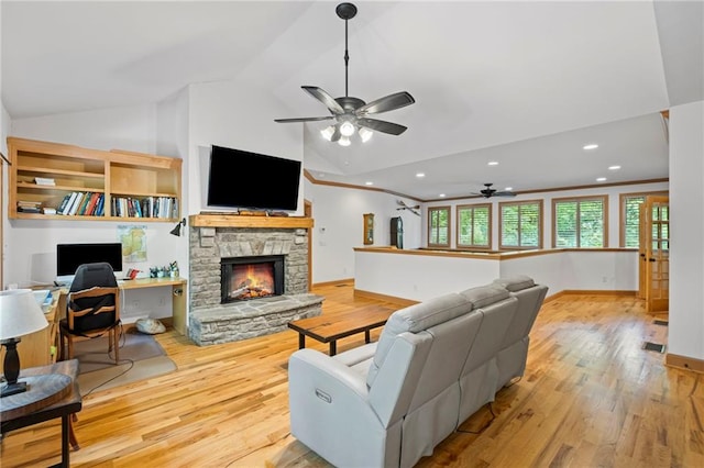 6324 Chesla Dr, Gainesville, GA 30506 - living room with a ceiling fan, an office area, wood finished floors, a fireplace, and recessed lighting