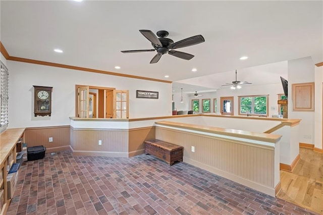 6324 Chesla Dr, Gainesville, GA 30506 - kitchen with wainscoting, ceiling fan, baseboards, recessed lighting, and open floor plan