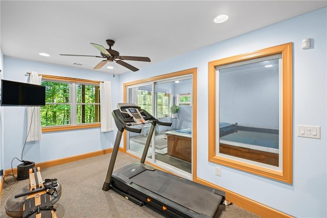 6324 Chesla Dr, Gainesville, GA 30506 - exercise area featuring baseboards, a ceiling fan, carpet, and recessed lighting