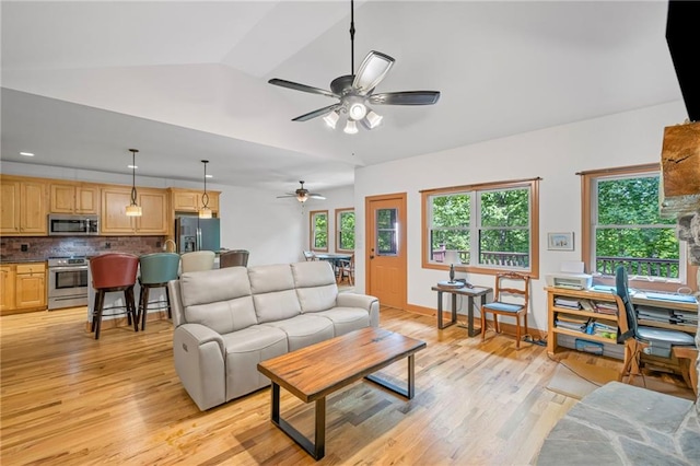 6324 Chesla Dr, Gainesville, GA 30506 - living area with ceiling fan, light wood-type flooring, vaulted ceiling, baseboards, and recessed lighting