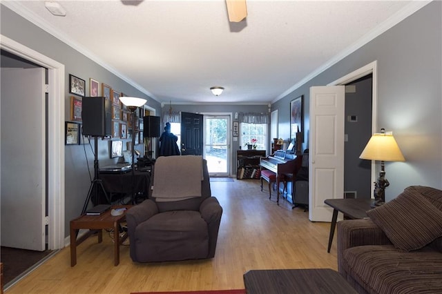 living room featuring ornamental molding and light wood-style floors