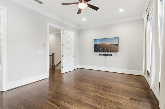 unfurnished living room featuring a ceiling fan, visible vents, wood finished floors, baseboards, and recessed lighting