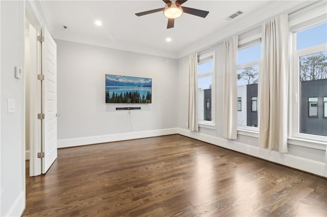 unfurnished room featuring visible vents, wood finished floors, recessed lighting, baseboards, and ceiling fan